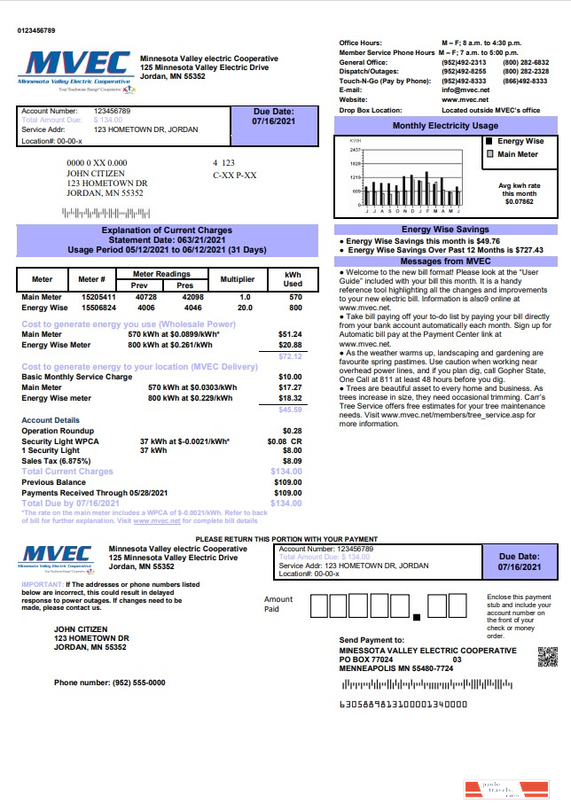 USA Minnesota Valley Electric Cooperative (MVEC) utility bill template in Word and PDF format
